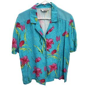 VTG Nancy Bolen City Girl Womens‎ Silk Shirt Large Blue Floral Tab Sleeve Resort